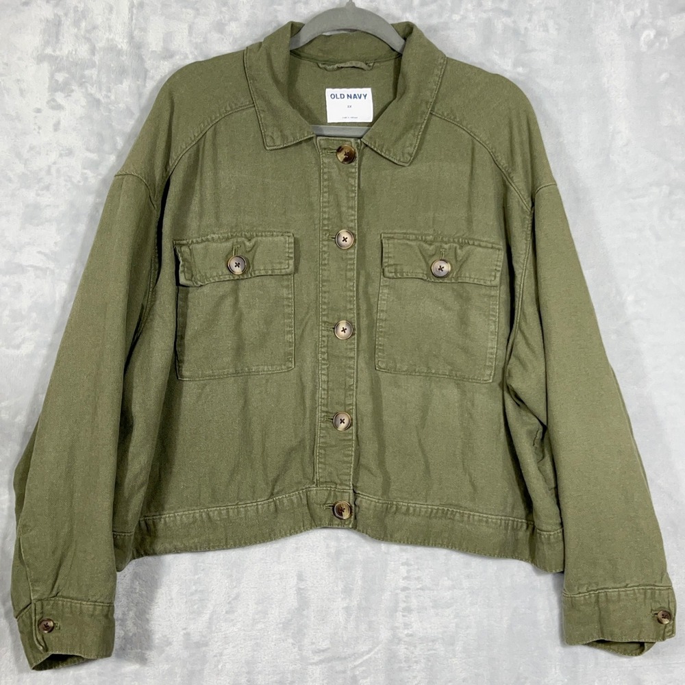 Old Navy Women Jacket‎ 2X Green Linen Blend Utility Cropped Button Up Shacket